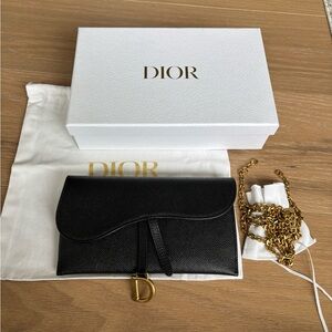 Dior Black Leather Wallet Trio with Gold Chain and D Charm